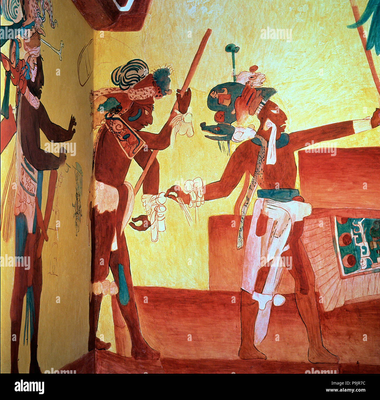 L affresco nella camera n. 3 della pittura Bonampak tempio che rappresenta un partito dopo un militare di vic… Foto Stock