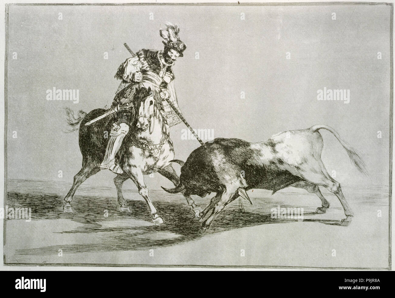 La corrida, la serie di incisioni di Francisco de Goya, piastra 11: " El Cid Campeador lancenado otro… Foto Stock