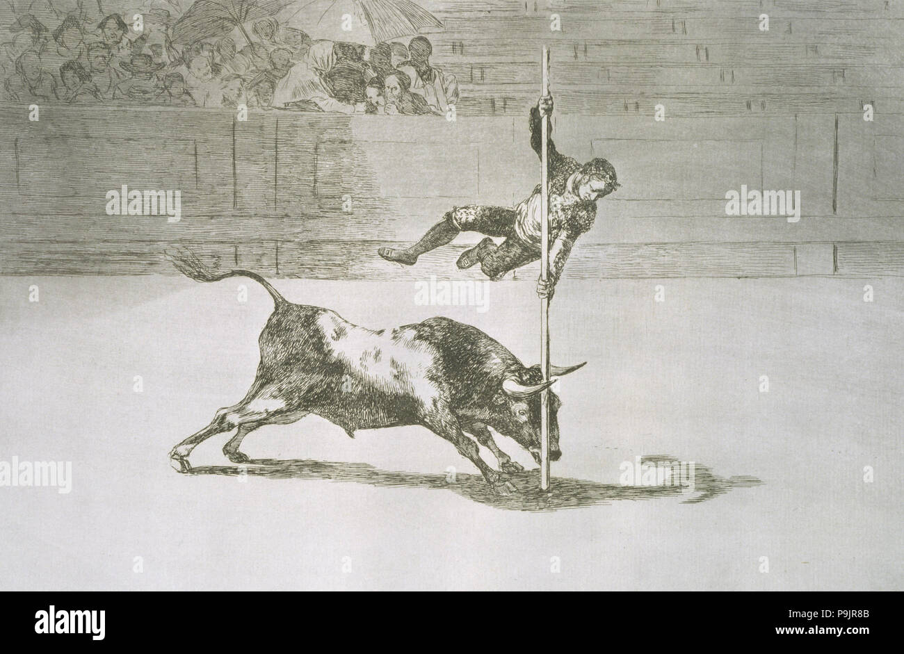 La corrida, la serie di incisioni di Francisco de Goya, piastra 20: 'Ligereza y atrevimiento de Juan… Foto Stock