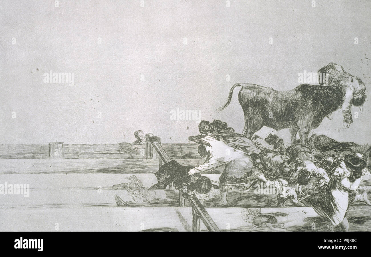 La corrida, la serie di incisioni di Francisco de Goya, piastra 21: 'Desgracias acaecidas en el tendono… Foto Stock