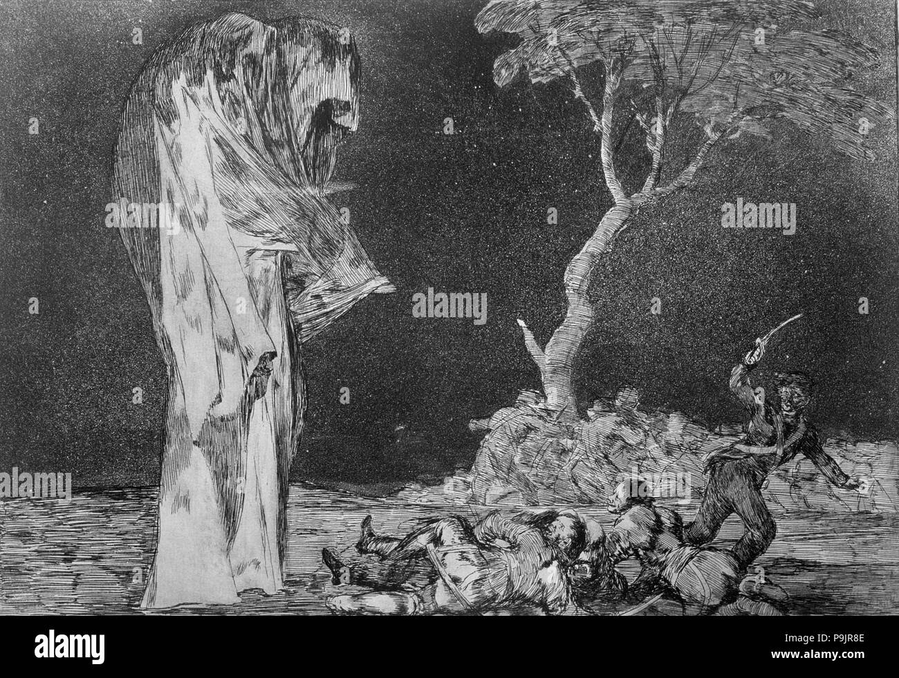 I proverbi o le follie, serie di incisioni di Francisco de Goya, piastra 2: 'Disparate de mied… Foto Stock