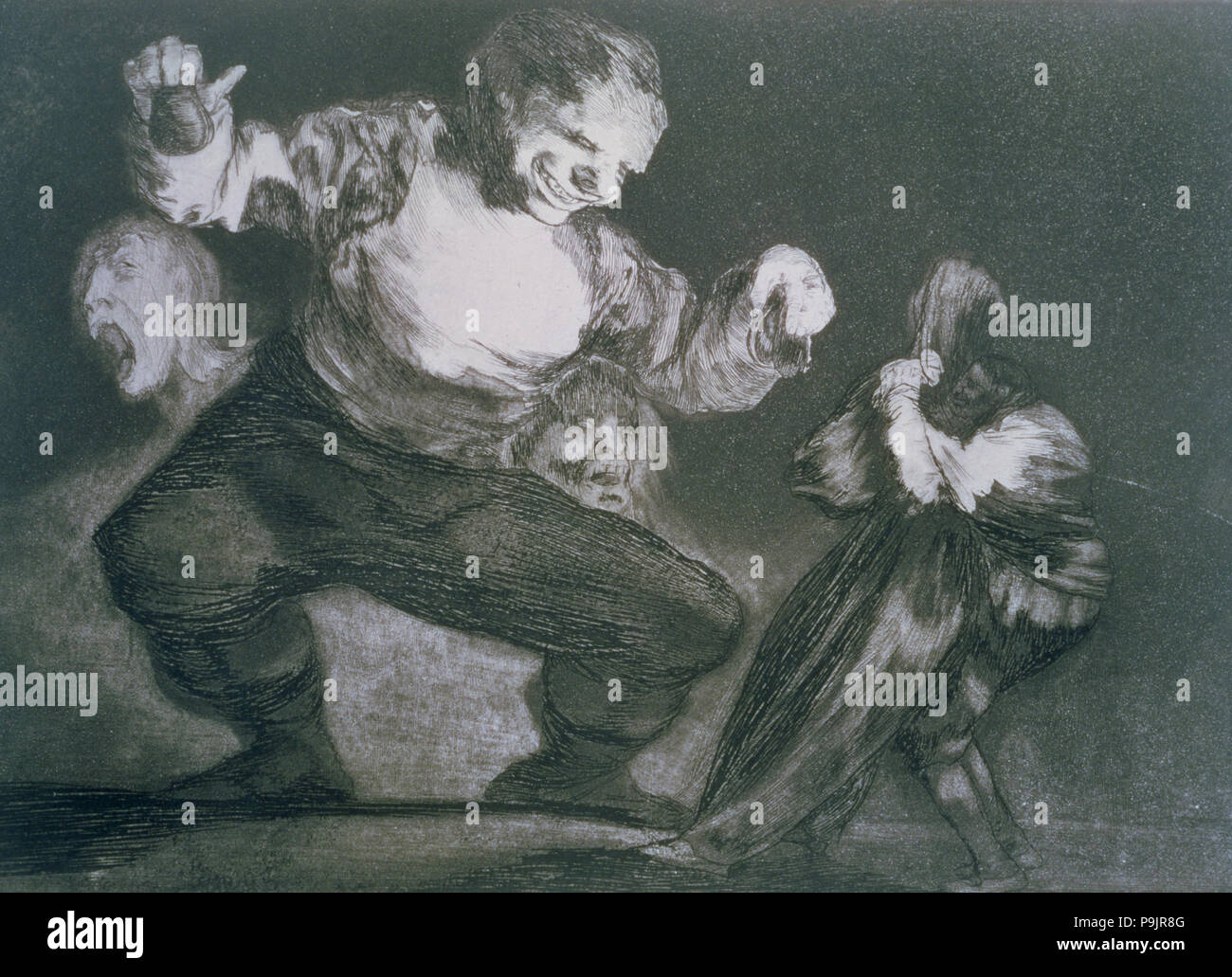 I proverbi o le follie, serie di incisioni di Francisco de Goya, piastra 4: 'Bobalicón' (Simpl… Foto Stock
