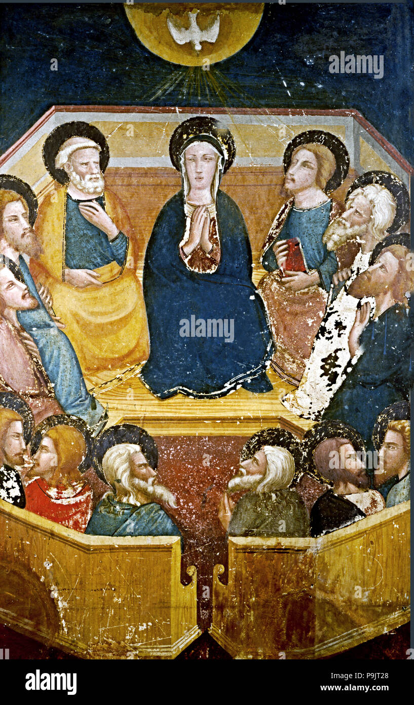 Vergine con gli apostoli " Dettaglio dei dipinti da Ferrer Bassa, gli affreschi conservati nella chap… Foto Stock