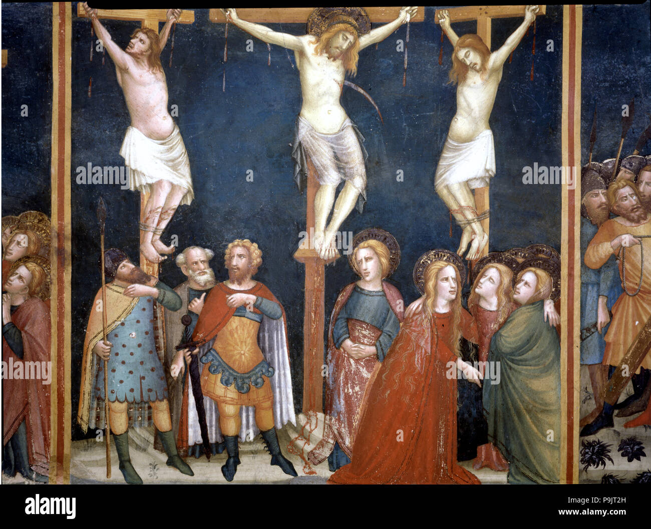 La crocifissione di Gesù e i due ladroni' da Ferrer Bassa. Foto Stock
