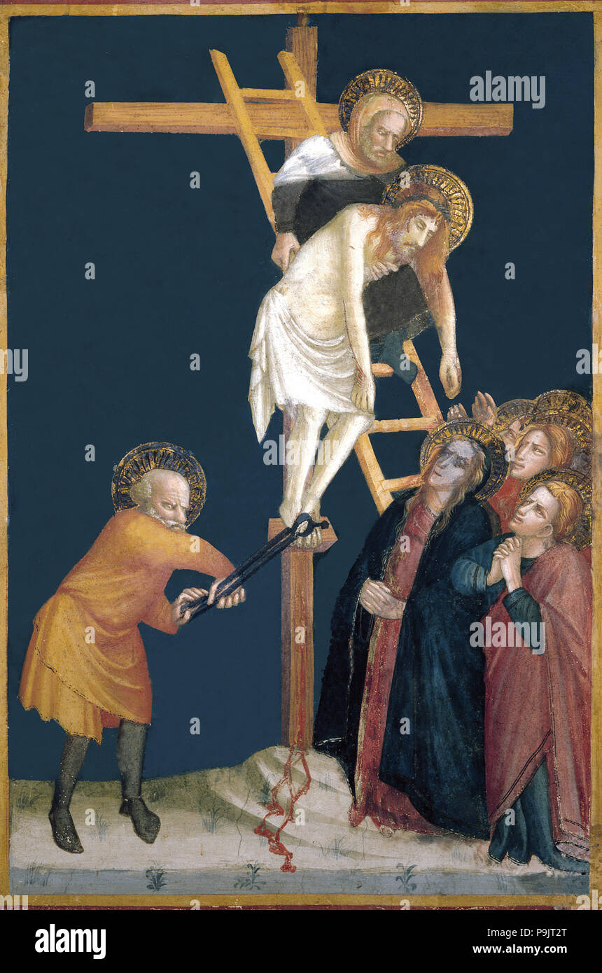 'Descent dalla Croce' dettaglio dei dipinti da Ferrer Bassa, gli affreschi conservati nella chap… Foto Stock