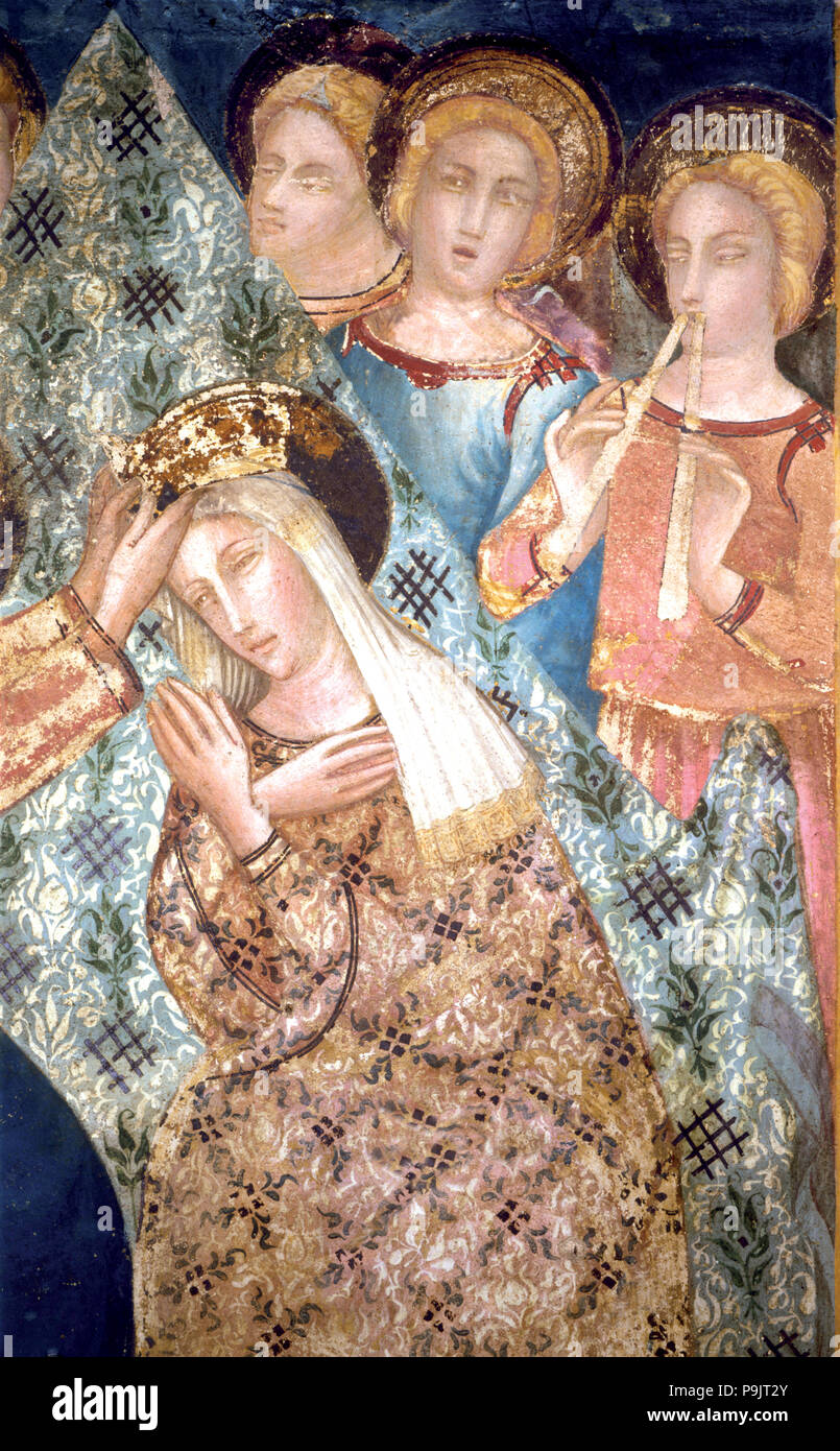 "Incoronazione della Vergine Maria e Gesù " Dettaglio dei dipinti da Ferrer Bassa, conservate fre… Foto Stock