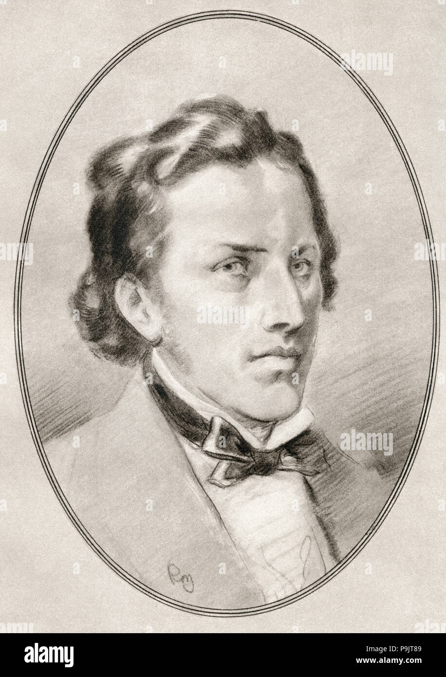 Frédéric François Chopin, 1810 - 1849. Compositore polacco e virtuoso pianista dell'età romantica. Illustrazione da Gordon Ross, artista americano e illustrator (1873-1946), dal vivere le biografie di grandi compositori. Foto Stock