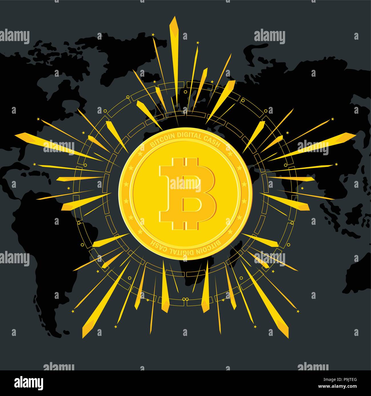 Bitcoin risplendere sul mondo mappa black Illustrazione Vettoriale