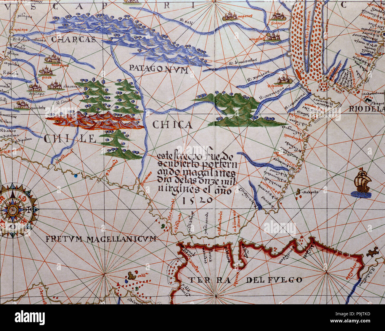 "Atlas di Joan Martines', 1587, che rappresentano lo Stretto di Magellano e il Cono Sud del… Foto Stock