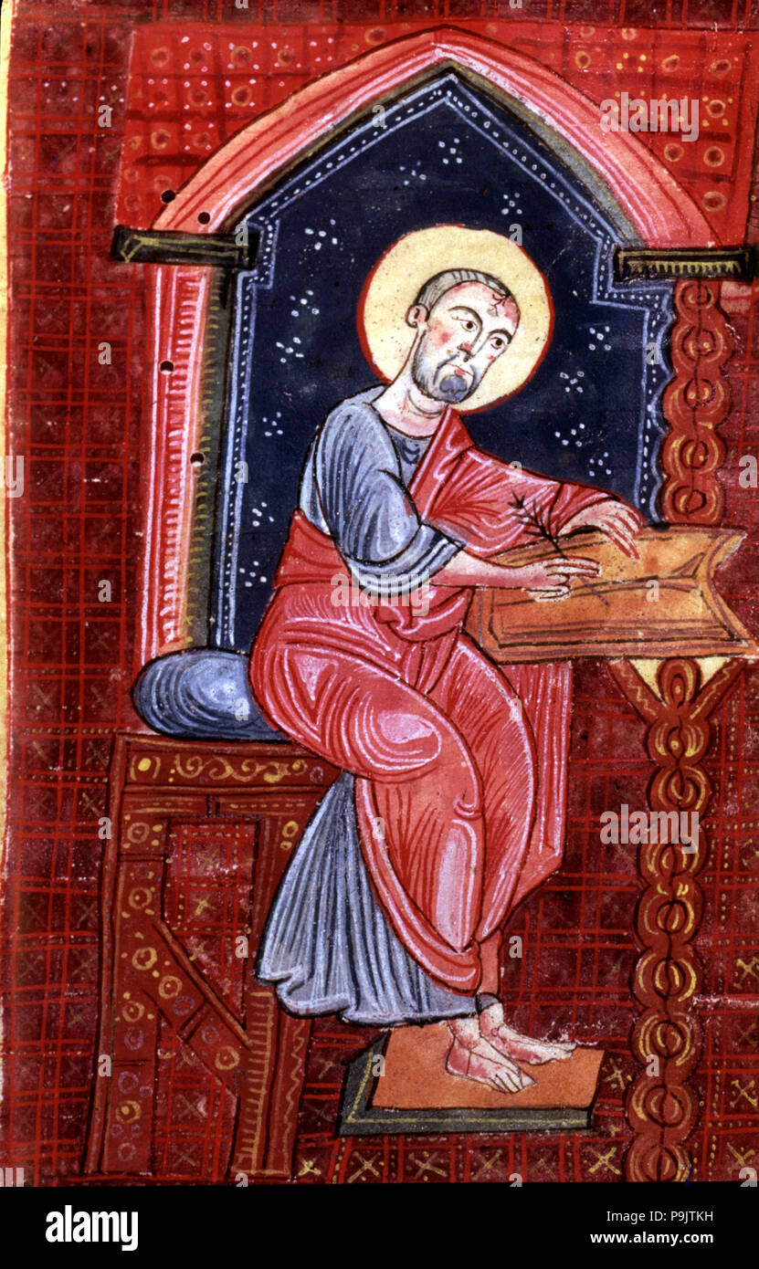 San Giovanni la scrittura del Vangelo, una miniatura di un decimo secolo Codex. Foto Stock