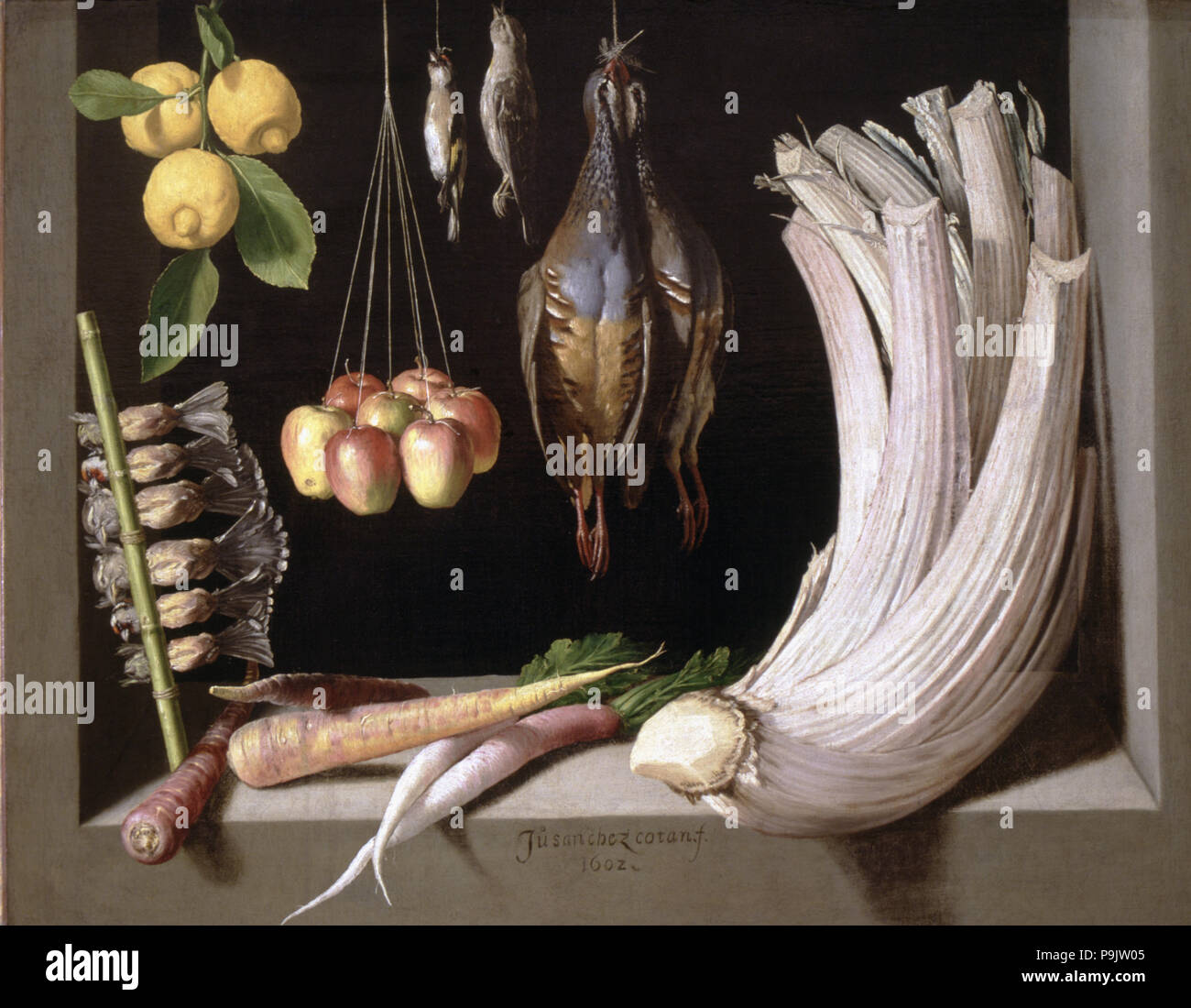 'Still vita con gioco, verdure e frutti", da Juan Sanchez Cotan 1602. Foto Stock