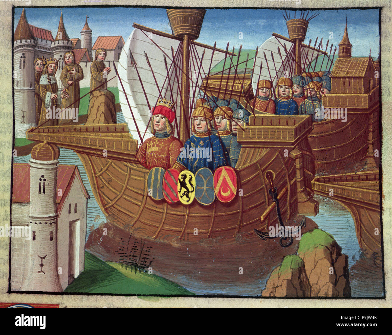 I Crociati di ritorno dalla Terra Santa, miniatura incunable 'Ogier le Danois", stampata… Foto Stock
