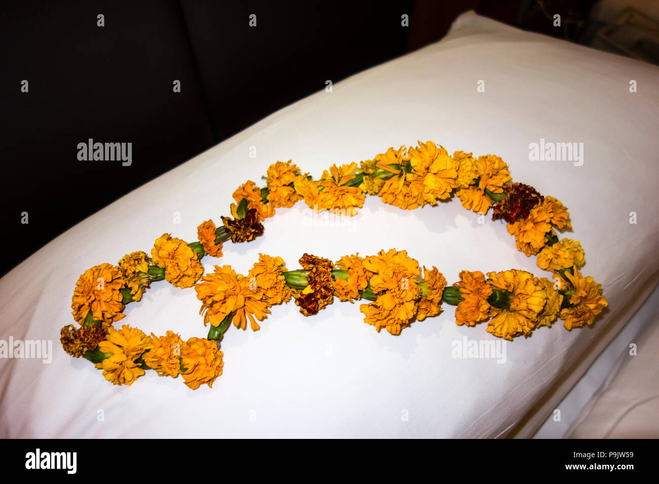 Indiano ghirlanda di fiori per onorare gli ospiti su un cuscino in un albergo a New Delhi, Delhi, India Foto Stock