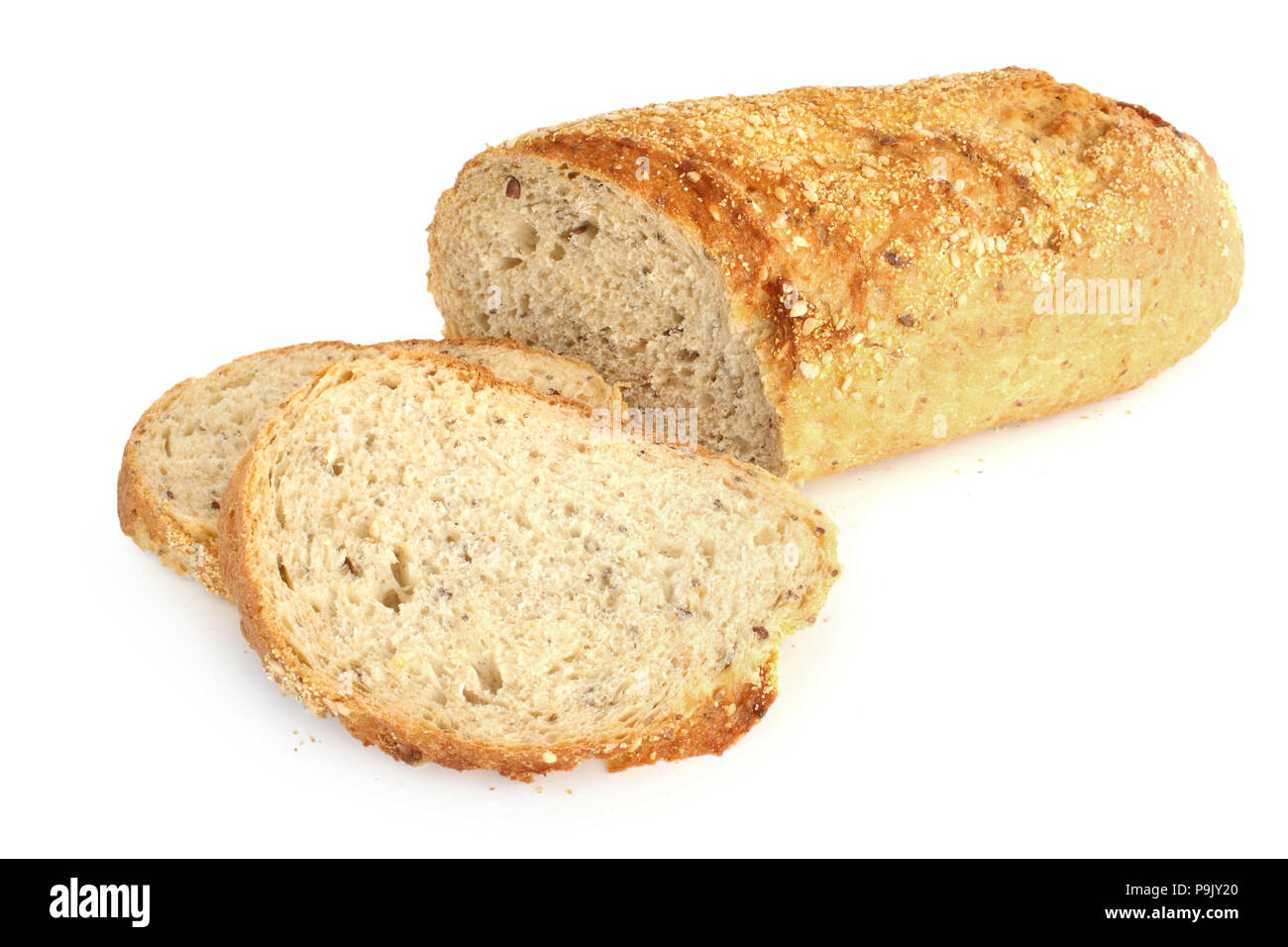Fette di pane con semi isolato su sfondo bianco (chia, girasole e semi di sesamo) Foto Stock