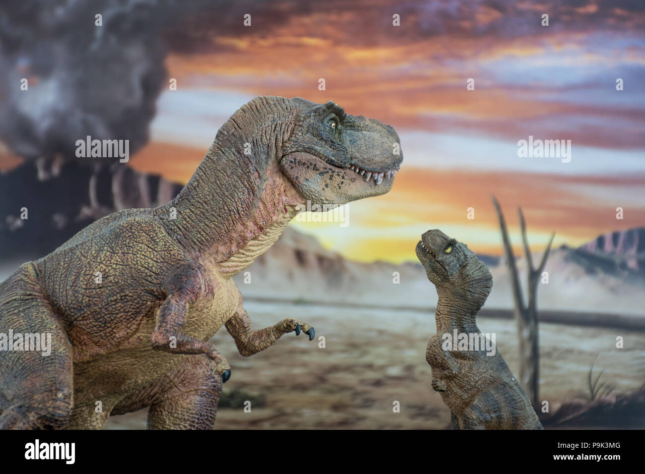 Tirannosauro Rex con baby t-rex con jurassic land in background Foto Stock