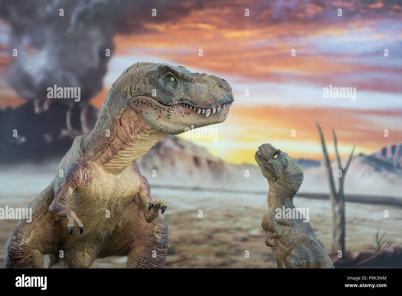 Tirannosauro Rex con baby t-rex con jurassic land in background Foto Stock
