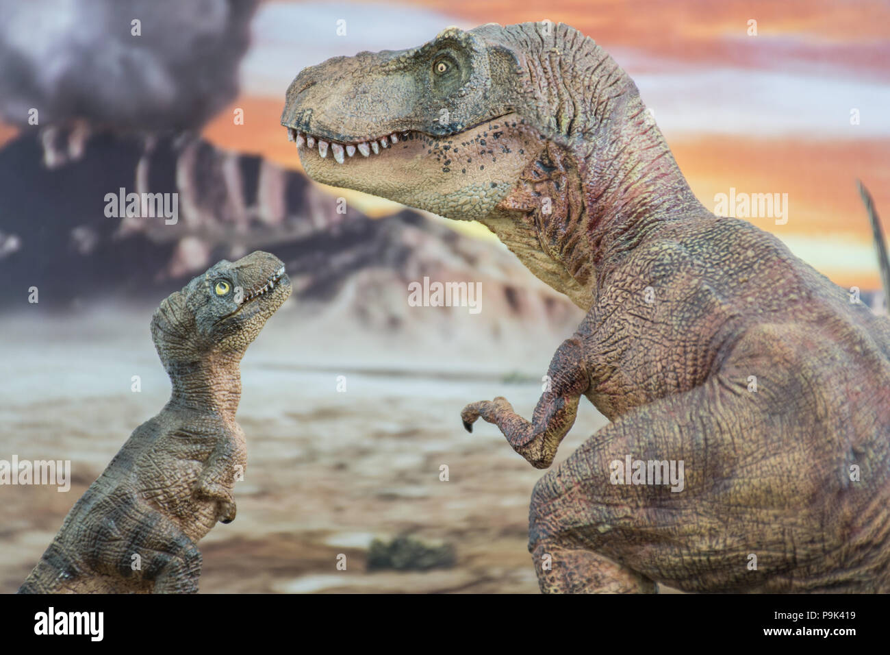 Tirannosauro Rex con baby t-rex con jurassic land in background Foto Stock