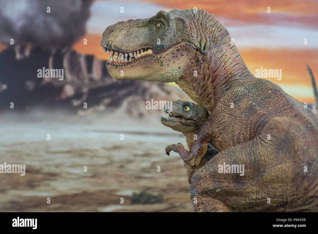 Tirannosauro Rex con baby t-rex con jurassic land in background Foto Stock