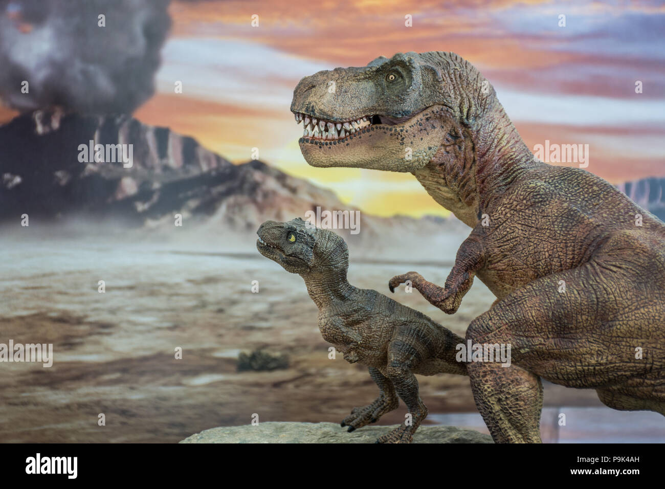 Tirannosauro Rex con baby t-rex con jurassic land in background Foto Stock