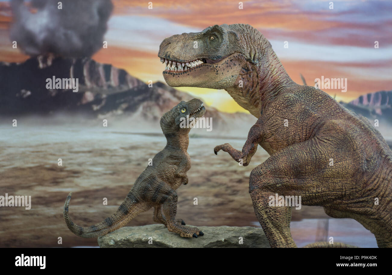 Tirannosauro Rex con baby t-rex con jurassic land in background Foto Stock