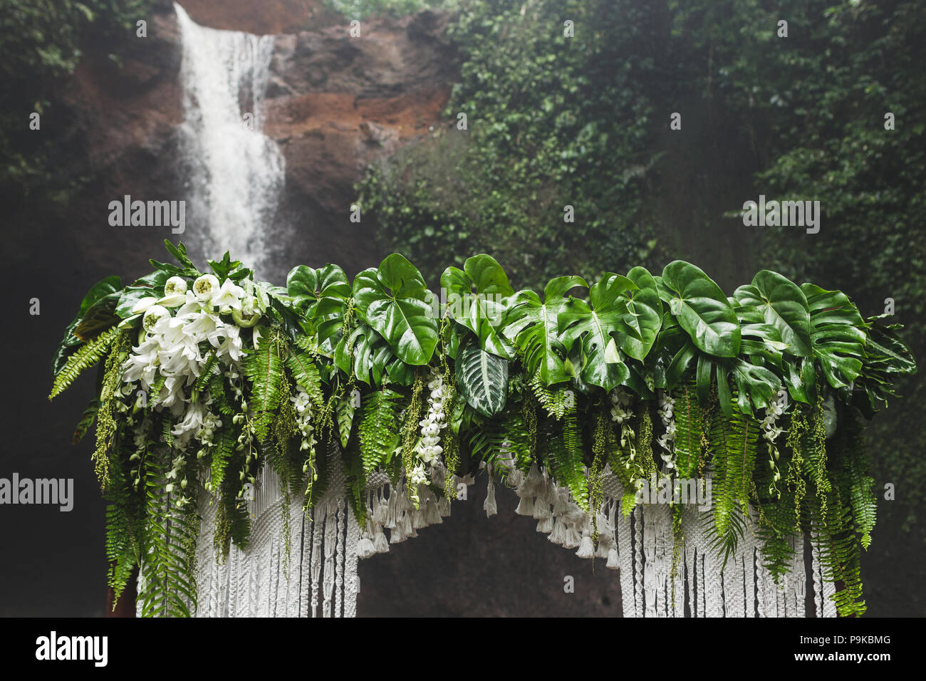Tropical cerimonia di nozze con vista cascata. Arco bianco decorato con giungla verde lascia monstera e fern Foto Stock