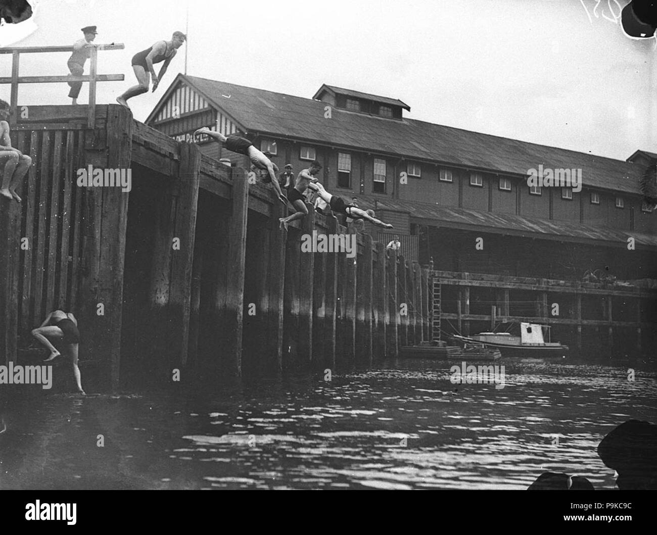 265 SLNSW 43502 giovani uomini diving nel porto presso il Central Wharf Millers Point Foto Stock