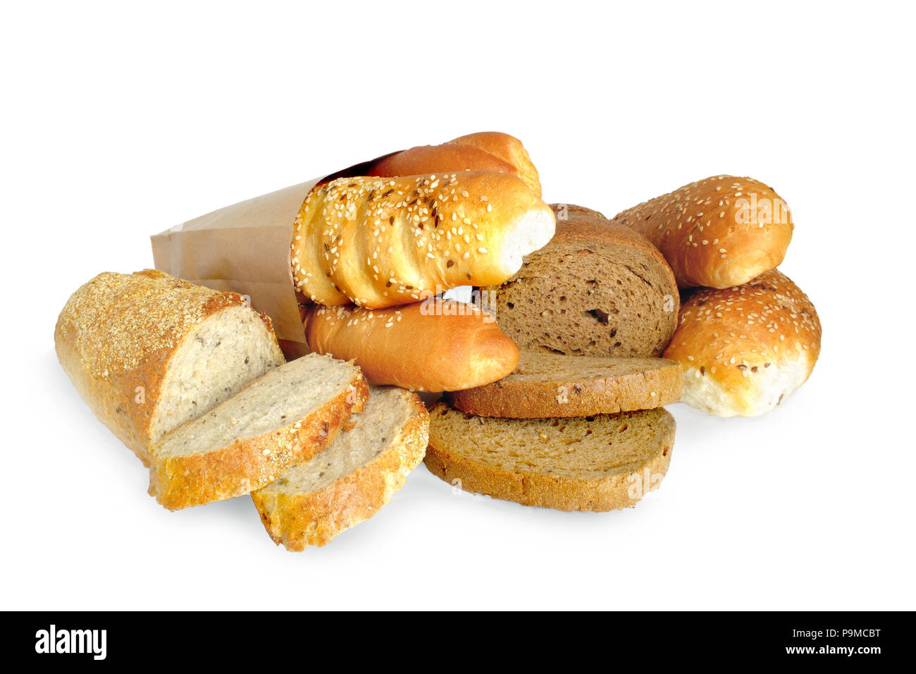 Varietà di pane isolati su sfondo bianco Foto Stock