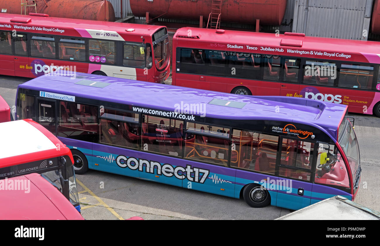 Warringtons proprio autobus, deposito principale, collegare17 bus, Wilderspool Causeway, Cheshire, North West England, Regno Unito Foto Stock
