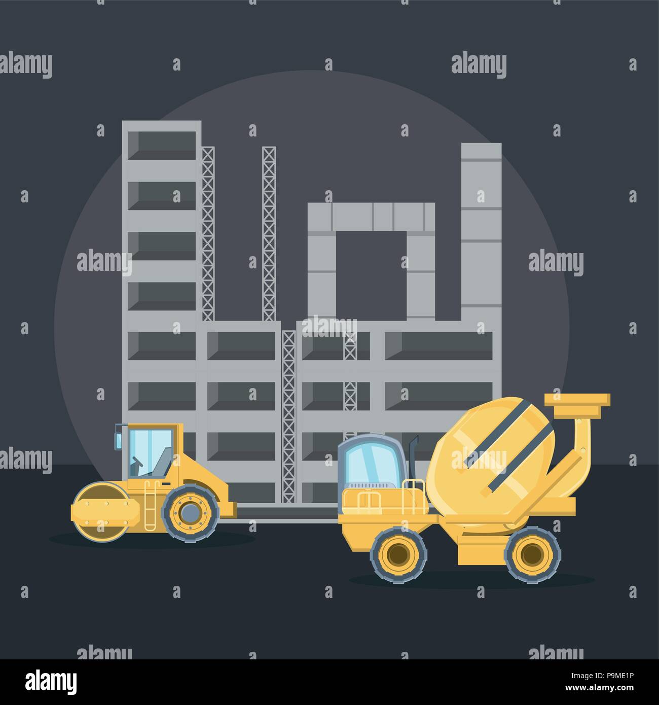 Rullo di strada e concreta mixer truck icona su strutture di costruzione lo sfondo grigio, illustrazione vettoriale Illustrazione Vettoriale