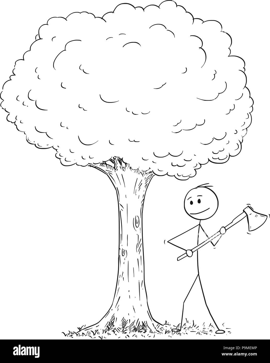 Cartoon di uomo o Lumberjack con Ax la trinciatura giù nella struttura Illustrazione Vettoriale