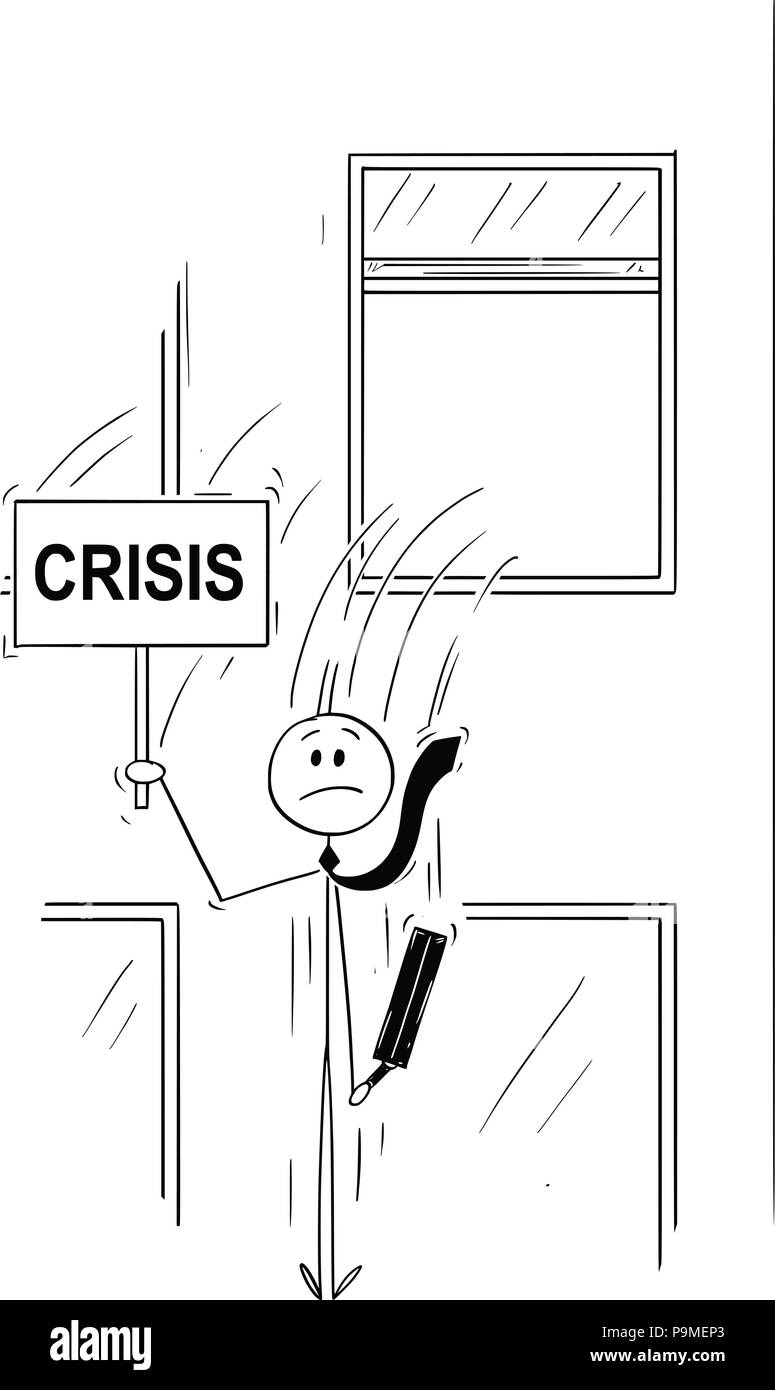 Cartoon di imprenditore o banchiere salta fuori la finestra con segno di crisi Illustrazione Vettoriale