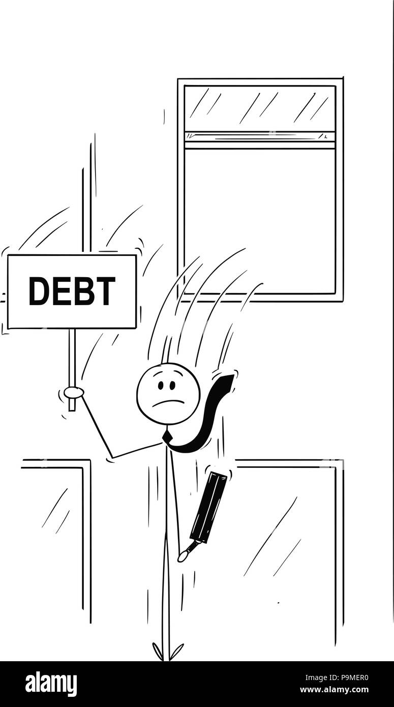 Cartoon di imprenditore o banchiere salta fuori la finestra con segno di debito Illustrazione Vettoriale