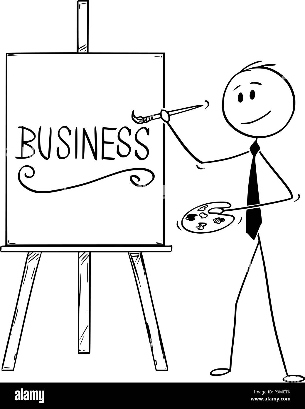 Cartoon di imprenditore artista spazzola di contenimento e la tavolozza dei colori e la Scrittura Parola Business su tela Illustrazione Vettoriale