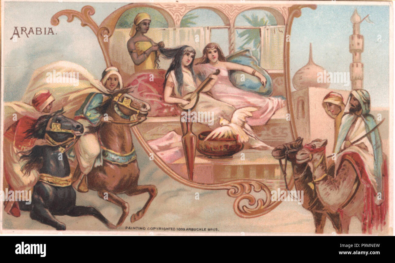 . Inglese: persistente URL: digital.lib.muohio.edu/u?/tradecards,4268 soggetto (TGM): Caffè industria; gruppi etnici; uomini e donne; animali; cavalli; Equitazione; Horse Racing; Abbigliamento & dress; costumi; minareti; strumenti musicali; Harem; Messaggio: Parole chiave . circa 1893 147 Arbuckle Bros. (3093836860) Foto Stock