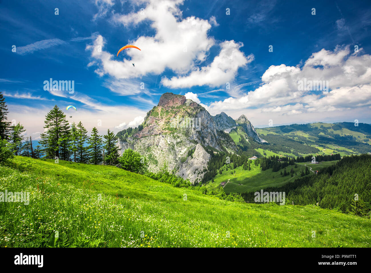 Bella estate paesaggio della Svizzera con Grosser Mythen montagna, parapendii e prati verdi, Ibergeregg, Svizzera, Europa. Foto Stock