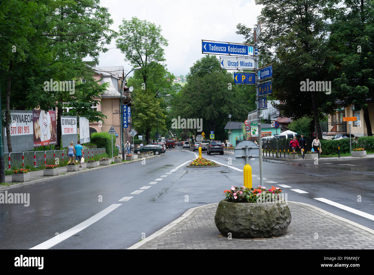 Strada principale attraversando Zakopane, Polonia Meridionale, Europa. Foto Stock