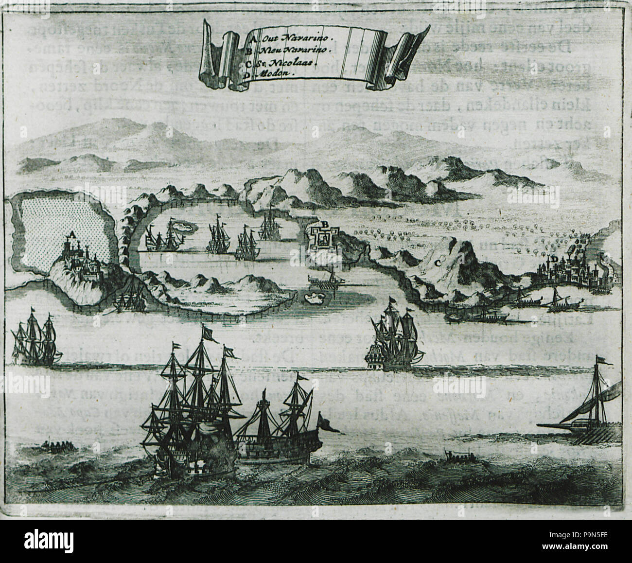 325 vedute del golfo di Pilo con Paleocastro (α), il castello di Pylos (Niokastro) (β), Agios Nikolais altezza (C) e - Olfert Dapper - 1688 Foto Stock
