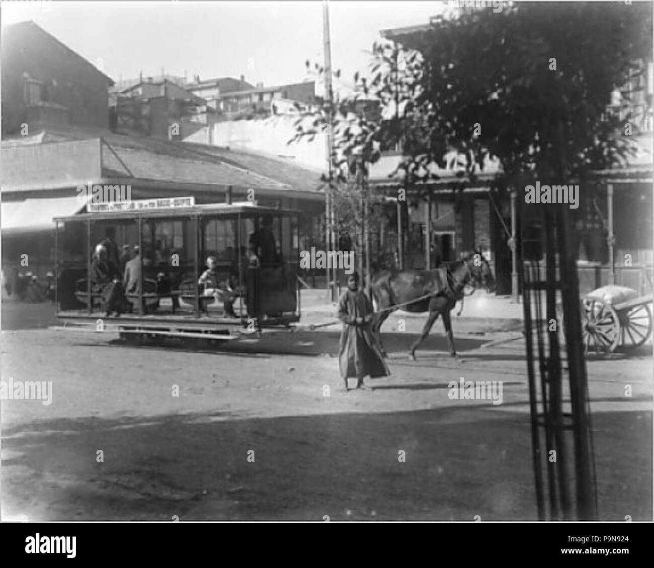 317 tradizionale a cavallo il tramvia a Port Said, Egitto. Cavallo proprio in una cordata senza cavi Foto Stock