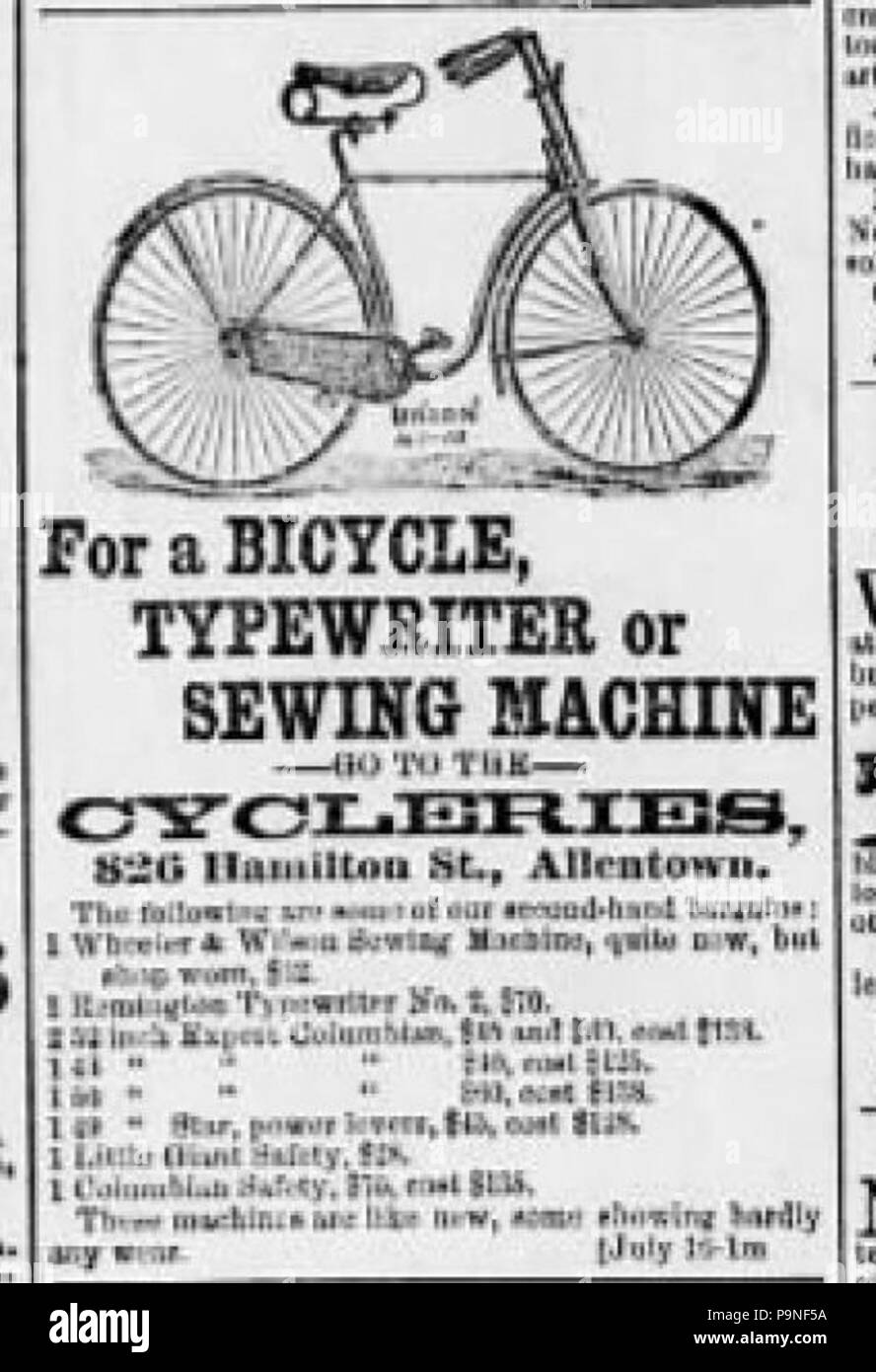 22 1890 - Cycleries Newspaper Ad Allentown PA Foto Stock