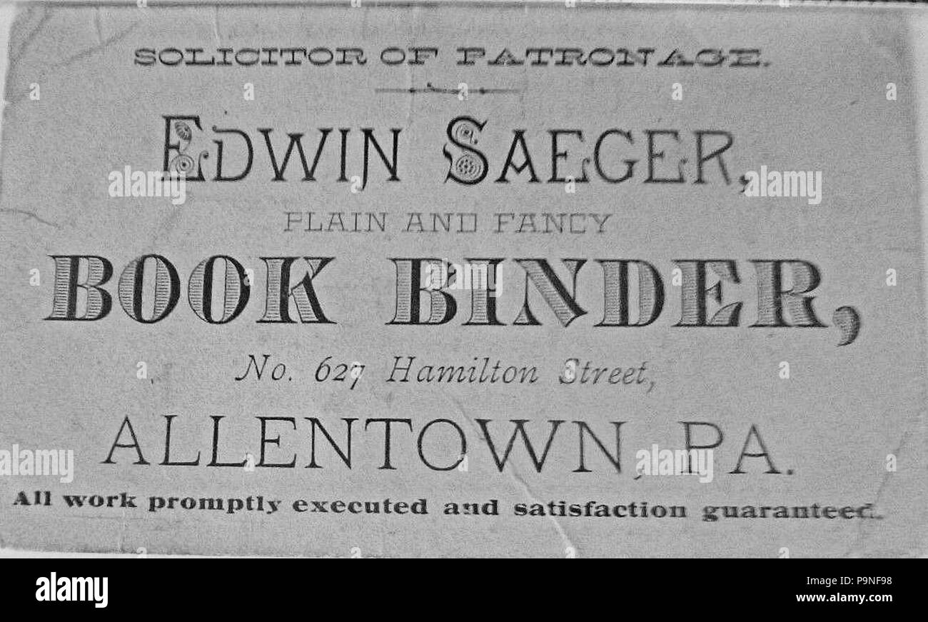 22 1892 - Edwin Saeger - Book Binder - Scheda commerciale - Allentown PA Foto Stock