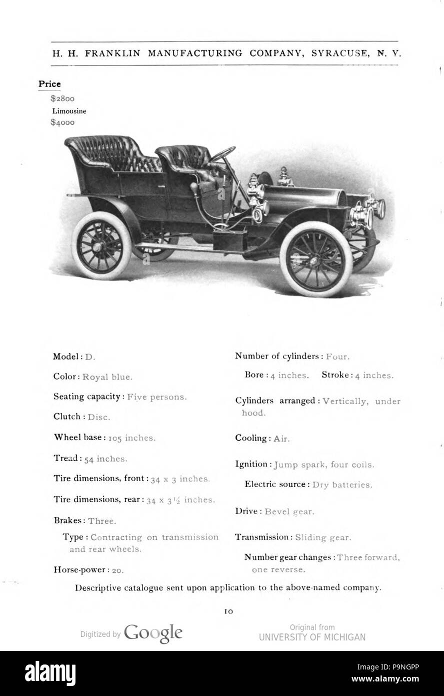 28 1907 Franklin tipo D catalogo Foto Stock