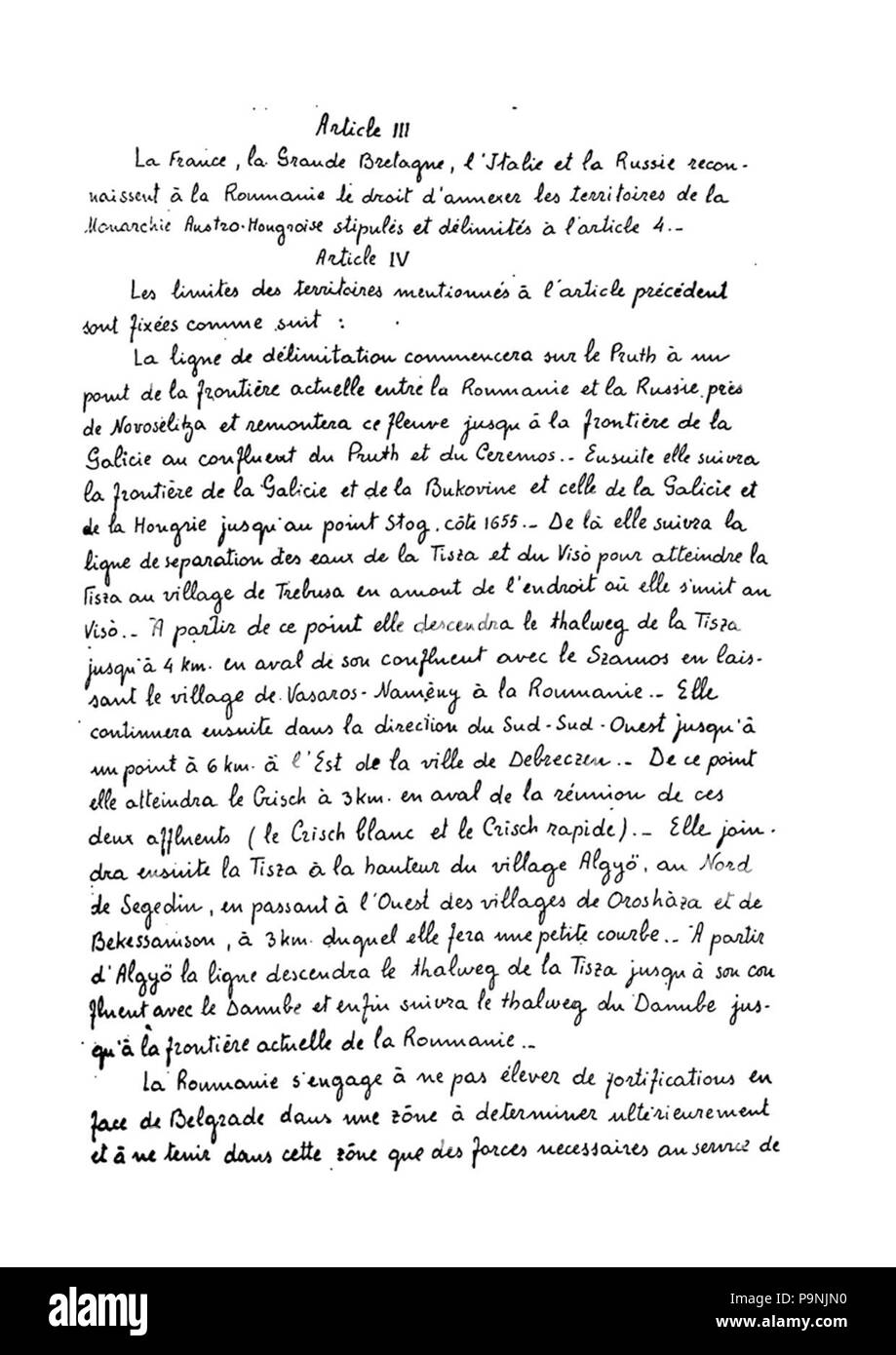 34 1916 - agosto 27 Pagina cu revendicarile teritoriale ale Romaniei din tratatul Antanta cu Foto Stock