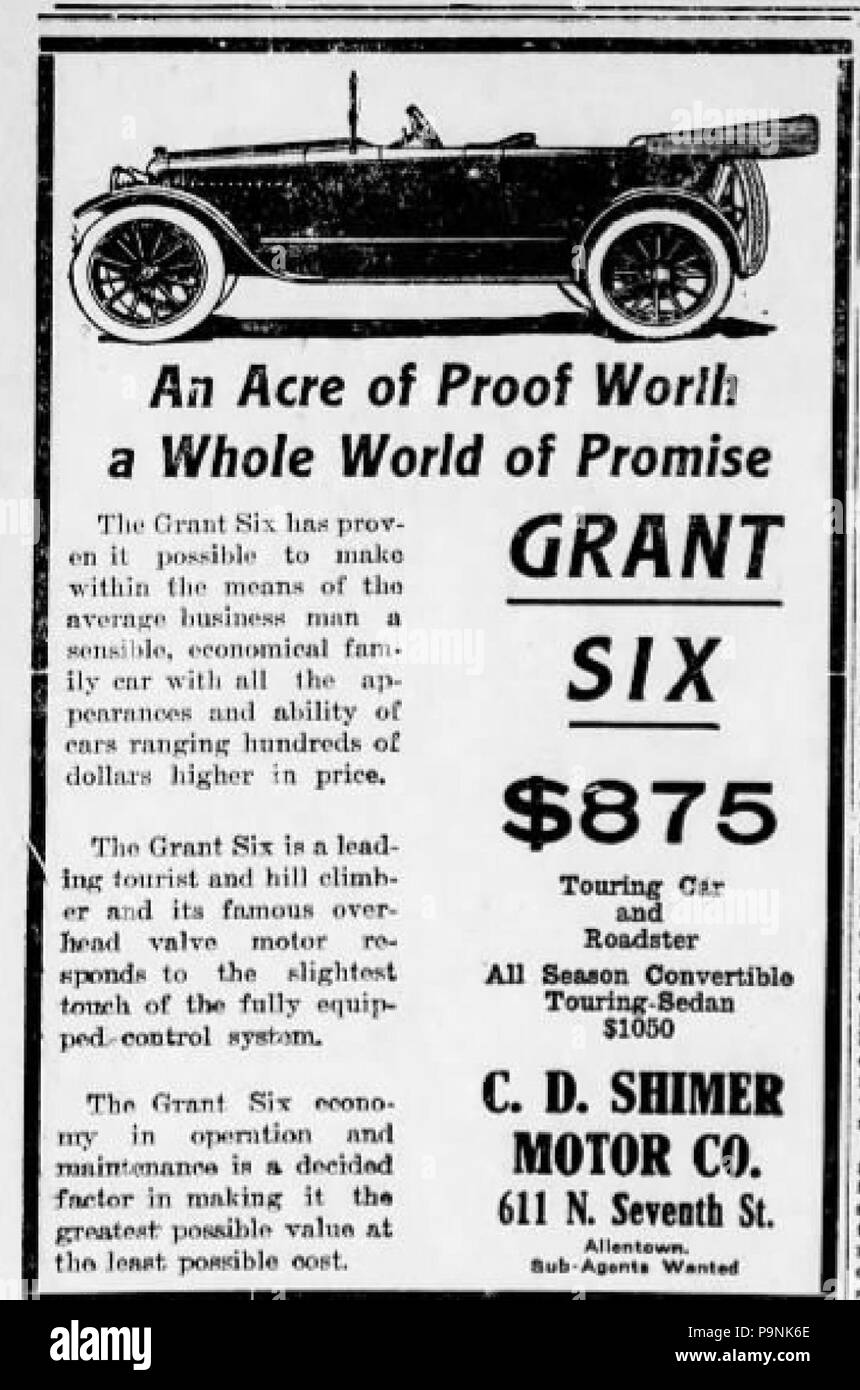 36 1917 - C D Shimer Motor Company Newspaper Ad Allentown PA Foto Stock