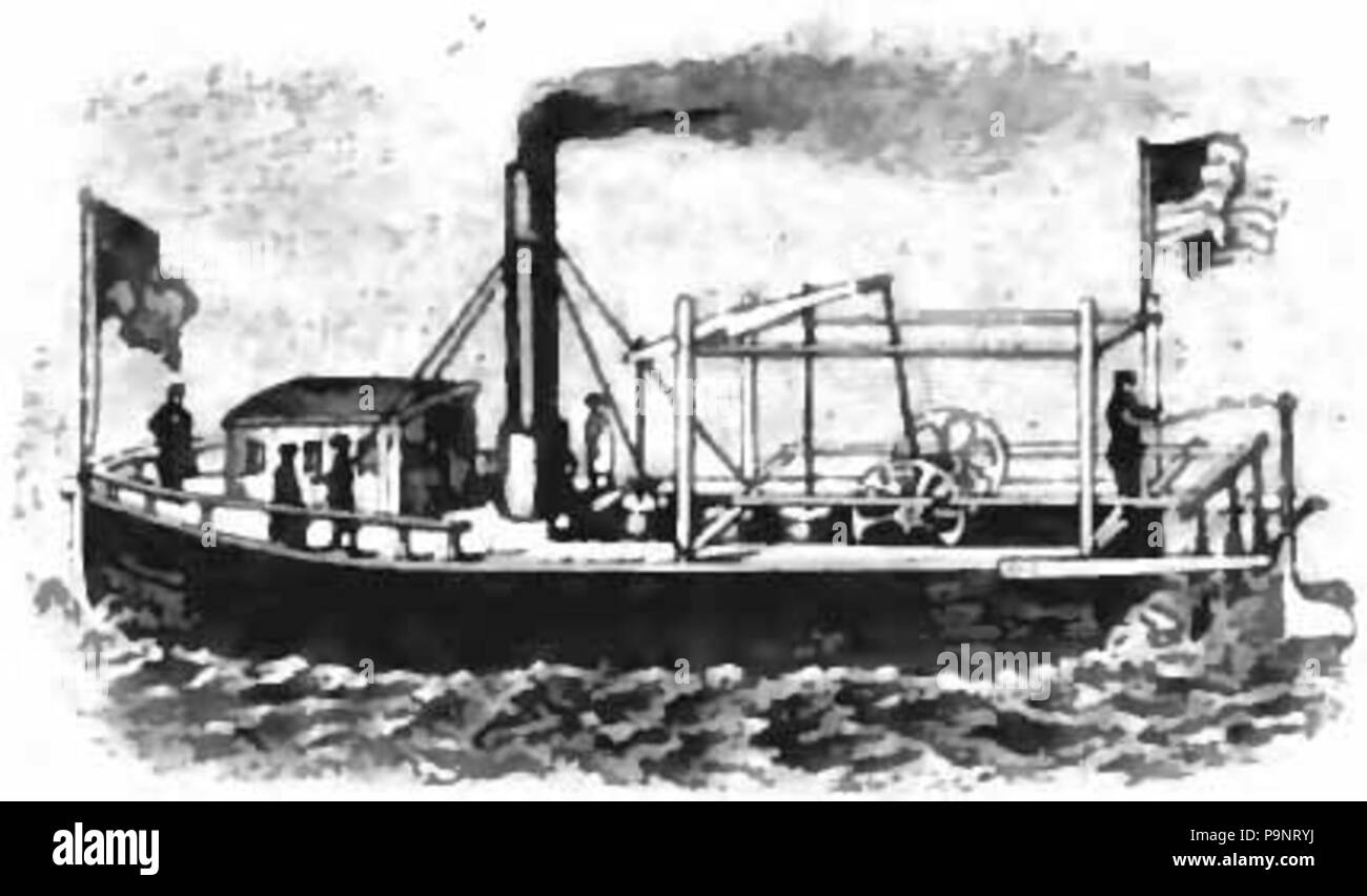 . Inglese: Disegno di un battello a vapore progettato e costruito da John Fitch in aprile 1790. Esso è stato utilizzato per una intera estate come una normale nave passeggeri tra Philadelphia, Pennsylvania e Burlington, New Jersey, con una velocità di otto miglia all'ora. pubblicato 1900 144 Appletons' Fitch Giovanni Barca Foto Stock