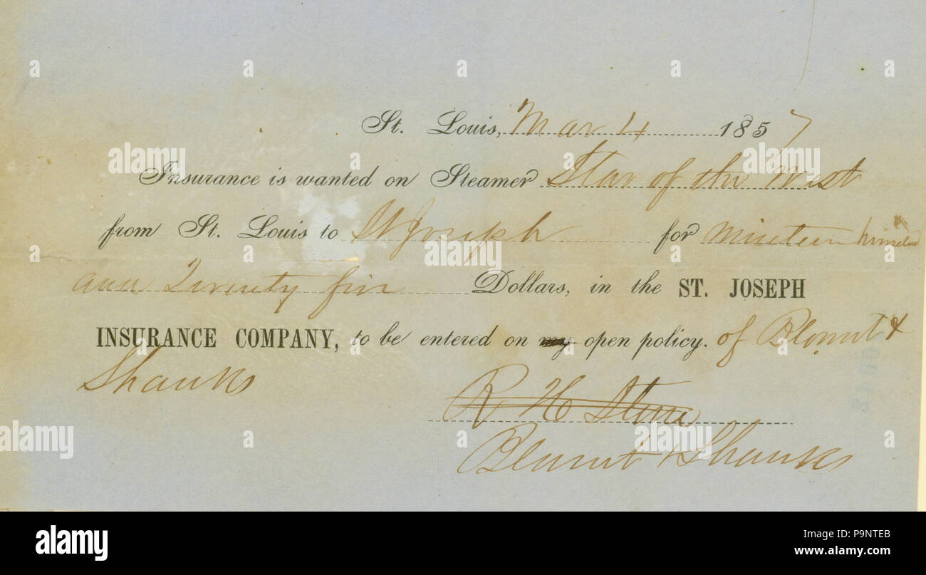 145 Applicazione di Blount e codoli per la San Giuseppe Società di assicurazione per il piroscafo Stella Dell'ovest da San Luigi a San Giuseppe, 4 marzo 1857 Foto Stock