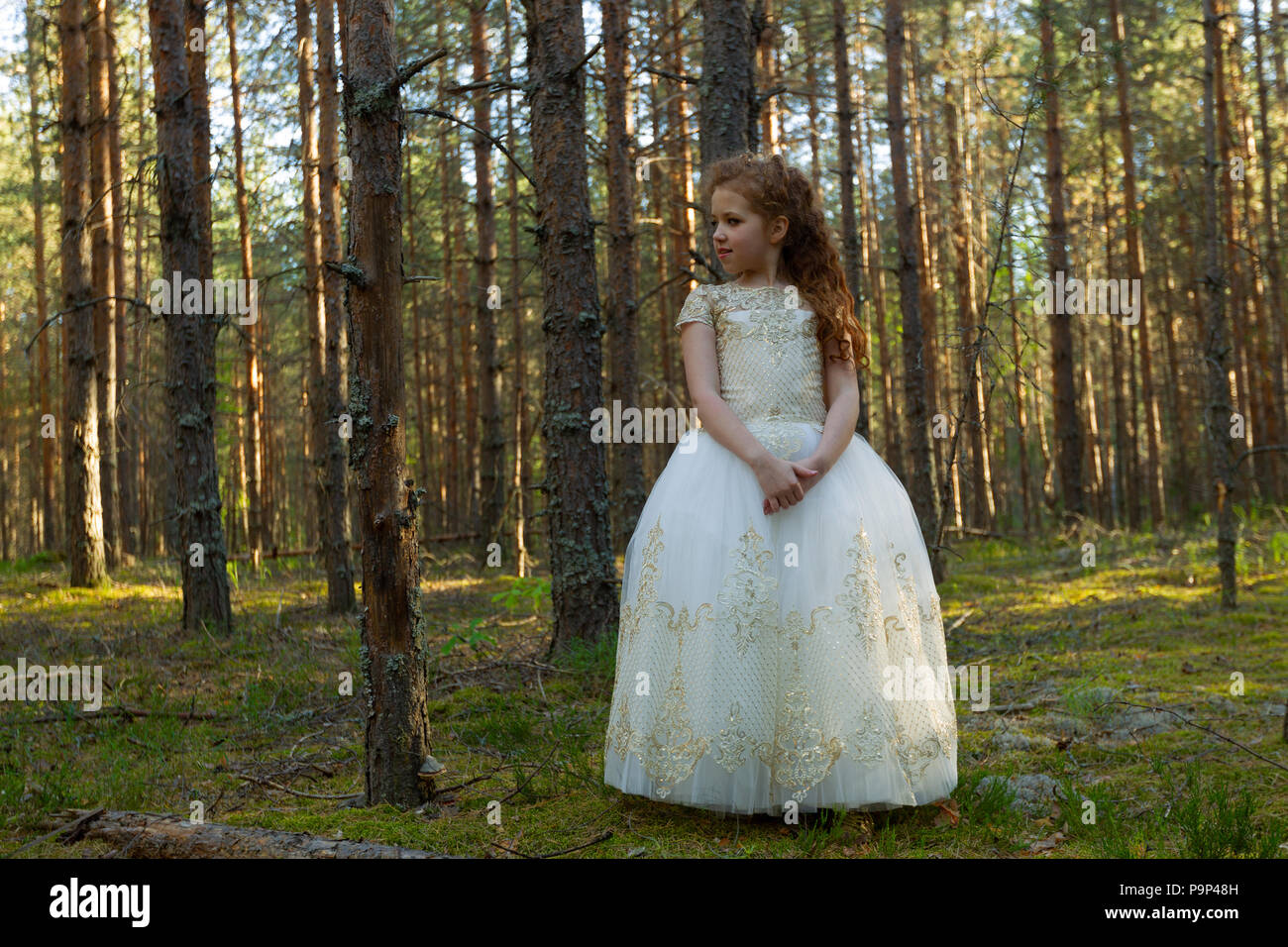 Piccola principessa wallks in un abito da sera in una Foresta estate, luce naturale Foto Stock