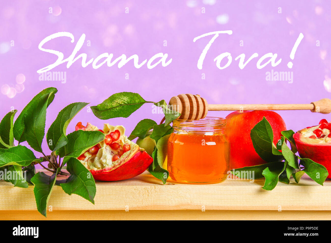 Rosh hashanah jewish Anno Nuovo Concetto di vacanza. Simbolo tradizionale. Mele, miele, melograno. Shana Tova Foto Stock