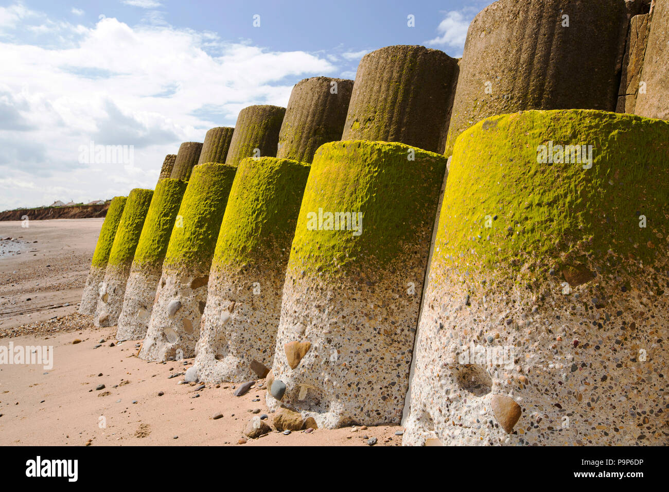 Calcestruzzo fracassato mare difese a Ulrome vicino Skipsea Yorkshires sulla costa est, UK. Il mare ha eroso oltre le barriere e lasciato loro intrecciati ulteriormente lungo la spiaggia. La costa è composta da morbide argille di boulder, molto vulnerabili alla erosione costiera. Questo tratto di costa è stata erodendo sin dai tempi dei romani, con molti villaggi aventi scompare in mare, ed è il più veloce erodendo la costa in Europa. Il cambiamento climatico è accelerare l'erosione, con innalzamento del livello del mare, aumentato le tempeste e aumento della pioggia pesante eventi, tutti di fare la loro parte. Foto Stock
