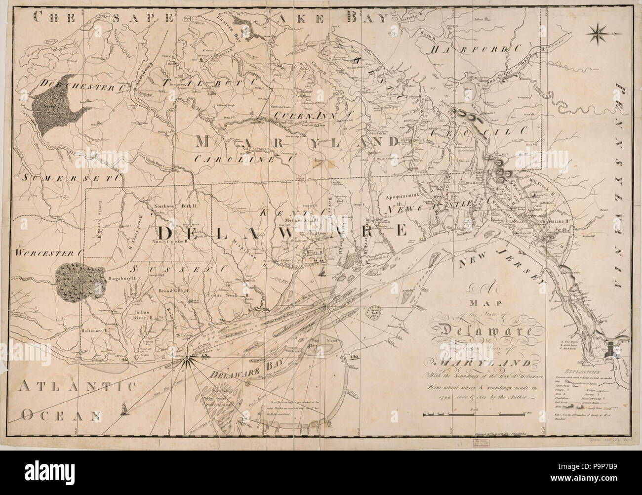 Una mappa dello stato del Delaware e la sponda orientale del Maryland - con i punti di scandaglio della baia del Delaware Foto Stock