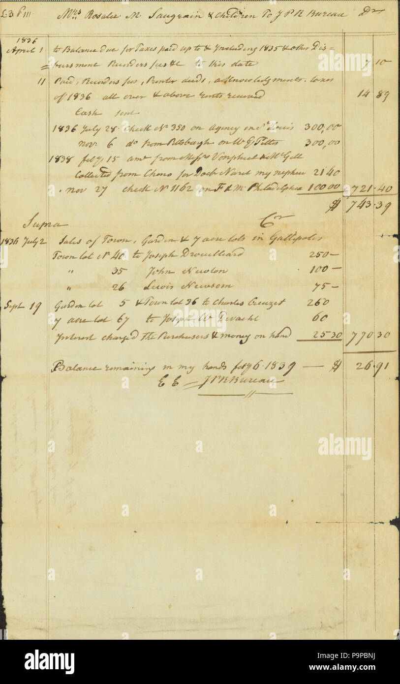 97 Conto di proprietà della sig.ra Rosalia Saugrain e bambini con J. P. R. Bureau, 6 febbraio 1839 Foto Stock